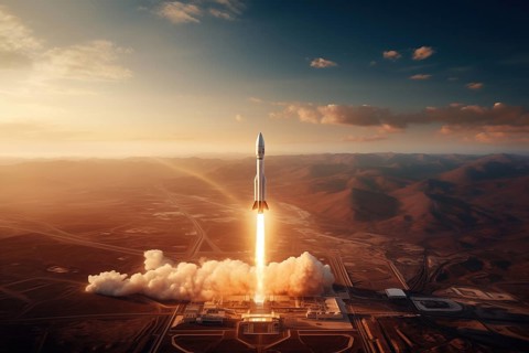 Aerial view of a rocket launch at sunrise sunset over an ocean coast. The rocket is blasting off