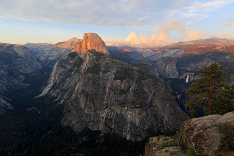 View from the viewpoint of Half Dome and Yosemite Valley during sunset in partial shade, Yosemite