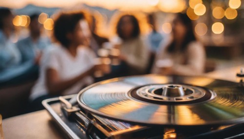 Friends enjoy drinks vinyl record playing together in cozy setting at sunset, bokeh effect ai