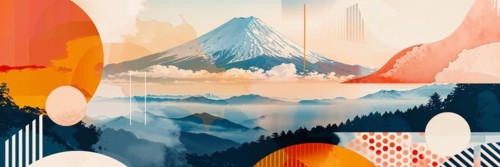 Modern graphic representation of Mount Fuji with sunrise and fog, Japan, AI generated, AI