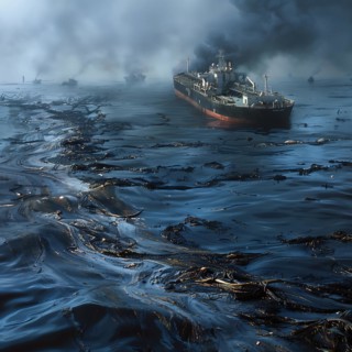 A gloomy picture of a tanker surrounded by oil in the foggy sea, oil spill, environmental disaster,