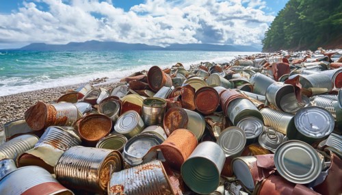 Symbol photo, many empty tin cans, partly crushed, rusty, dirty, lying on the beach, waste, AI