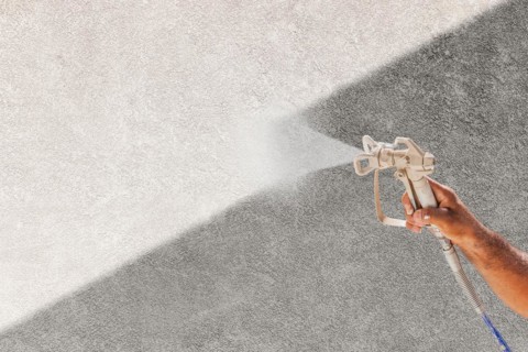 Professional spray painter holding spray gun spraying white paint over grey stucco surface