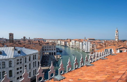 View from the roof of the Fondaco dei Tedeschi, boats on the Grand Canal, Venice, Veneto, Italy,