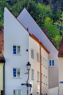 Quirky pointed gable facades, Kaufbeuern, Allgaeu, Swabia, Bavaria, Germany, Europe