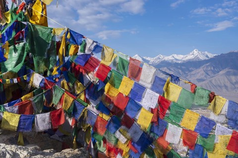 Panorama from Tsenmo hill over Leh and the Indus valley to Stok Kangri, 6153m, Ladakh, Jammu and