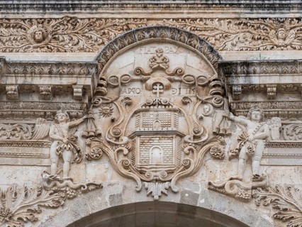 Relief above the entrance portal of San Nicola Cathedral, Cattedrale Turritana Sassari, Sardinia,