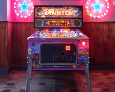 Realistic pinball machine with lit-up backgrounds in a dark arcade setting, AI Generated, AI