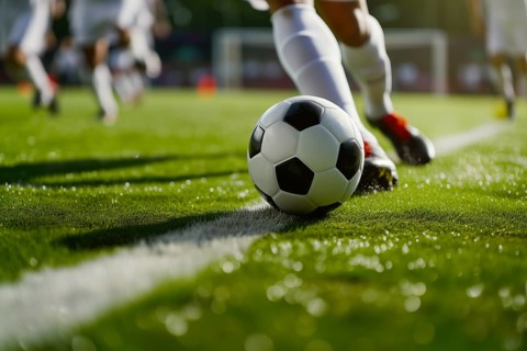 A soccer player kicks a ball on a football stadium field during game, AI generated