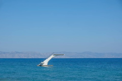 Free-standing diving tower in the sea, Rhodes, Dodecanese archipelago, Greek islands, Greece,