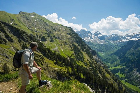 Panorama from the gliding path into the rear Oytal valley and the valley basin of the Kaeseralpe,