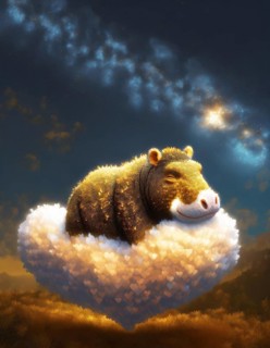 Charming depiction of a grinning capybara lounging on a soft cloud beneath a starry night sky, AI