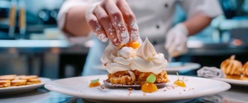 Chef is decorating a dessert with berries and other delicious additions of sweets and whipped