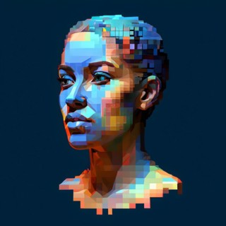 AI generated female human head digitalised in pixel art style presenting a mosaic of vibrant hues