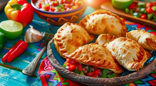 Tasty empanadas on a plate with colorful Mexican cloths as a background. National mexican food, AI
