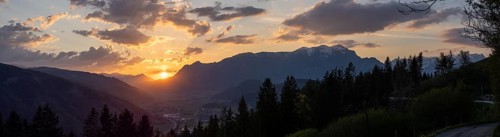 Sunset over the Liesingtal, in the evening light the village Kraubath, Schoberpass federal road,