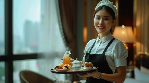 A smiling waitress in uniform holding a tray with food and drink in a luxurious setting, AI