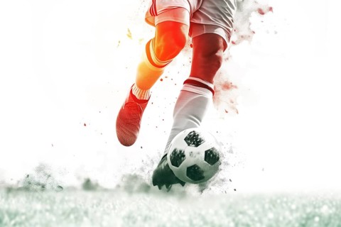 A soccer player kicks a ball on a field. Concept of action and excitement, as the player is in the
