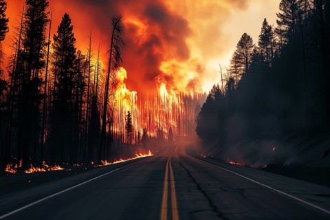 A forest wildfire is raging through a wooded area with road. Trees are on fire and flames are