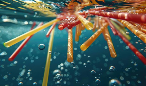 Discarded plastic straws floating in ocean currents AI generated
