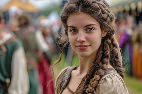 Young woman in medieval style fantasy role playing game costume garment at renaissance fair. KI