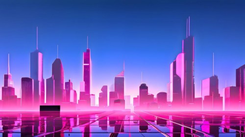 AI generated illustration of a cityscape with skyscrapers and holographic elements in blue and pink