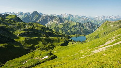 Panorama from Zeigersattel to Seealpsee, on the left behind the Hoefats 2259m, Allgaeu Alps,
