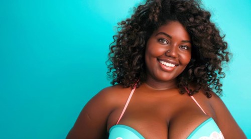 A plus size black afro-american bikini model with curly hair is smiling and wearing a bikini top.