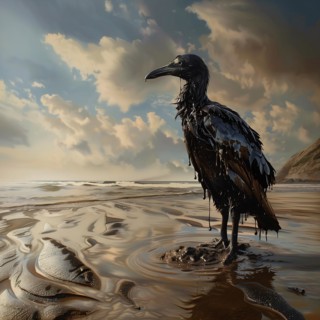 A Bird covered in oil on the beach, surrounded by sand patterns, radiates loneliness, AI generated