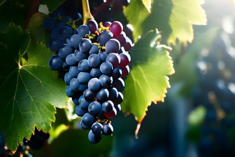 AI generated ripe grapes clinging to a vine sunlight dancing through the leaves accentuating their