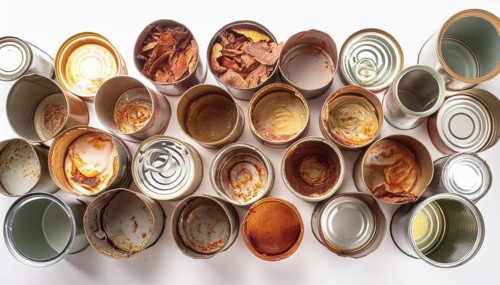 Symbol photo, many empty tin cans, partly crushed, rusty, dirty, on a white background, AI