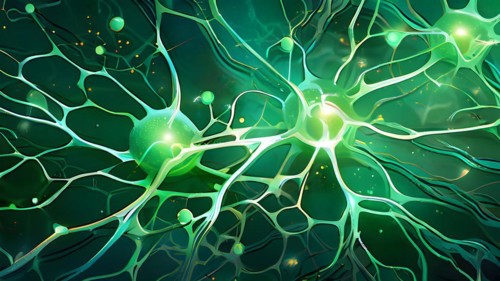 Ai generated conceptual illustration of a neuronal network with interconnected nodes pulsating in