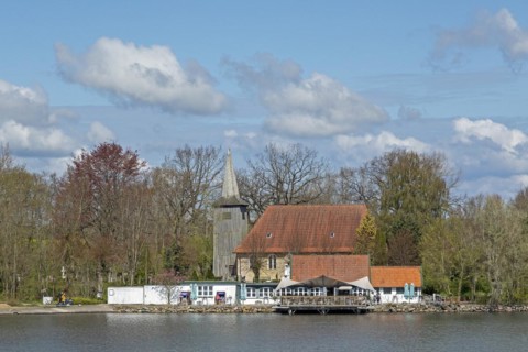 Church, trees, Arnis, smallest town in Germany, Schlei, Schleswig-Holstein, Germany, Europe