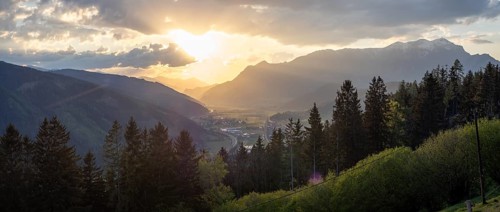 Sunset over the Liesingtal, in the evening light the village Kraubath, Schoberpass federal road,
