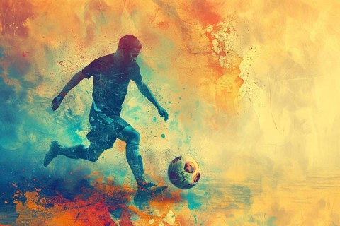 A soccer player dribbles and kicks a soccer ball. Abstract vintage grungy poster style with muted