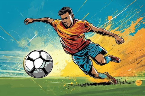 A soccer player dribbles and kicks a soccer ball. Abstract vintage grungy poster style with muted