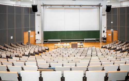 View from the rows of seats into an empty lecture theatre, interior photo, Department of Mechanical