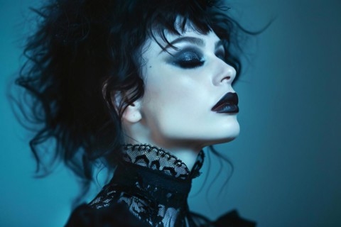 Young woman in gothic style in front of blue studio background. KI generiert, generiert, AI