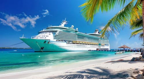 A large cruise ship docked near popular vacation resort. The scene is serene and relaxing, with the