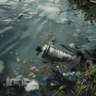 A plastic bottle in a puddle-like collection of polluted water and algae, pollution, environmental