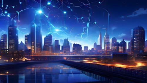 Ai generated conceptual illustration of a neuronal network with city skyline in the background in