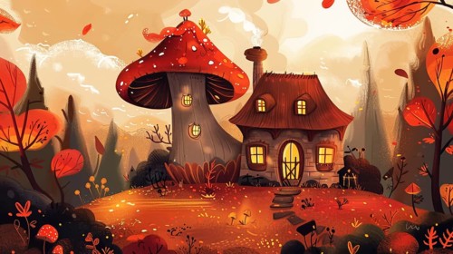 Fantasy scene of a mushroom house at sunset with wildlife and warm colors, AI generated