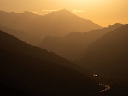 Evening light at sunset over the Liesingtal, in the evening light the village of Traboch,