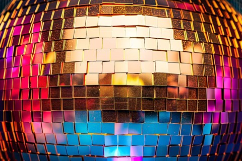 A disco ball is suspended from the ceiling at party in nightclub, reflecting the lights and