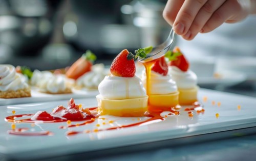 Chef is decorating a dessert with berries and other delicious additions of sweets and whipped
