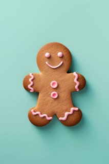 Cute smiling gingerbread man on mint blue background. KI generiert, generiert, AI generated