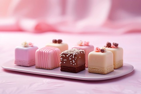 Small square shaped confectionery with pink, brown and white glazing. KI generiert, generiert, AI
