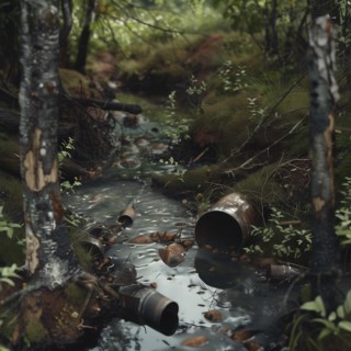 Forest scene with polluted wild sow and scattered litter bins, environmental pollution,