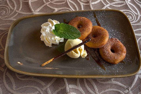 Apple cakes with vanilla ice cream served in a pub, Franconia, Bavaria, Germany, Europe