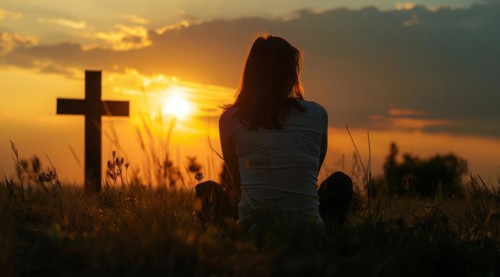 Devout faithful christian prays in front of the cross at a dramatic sunset with beautiful skies, AI